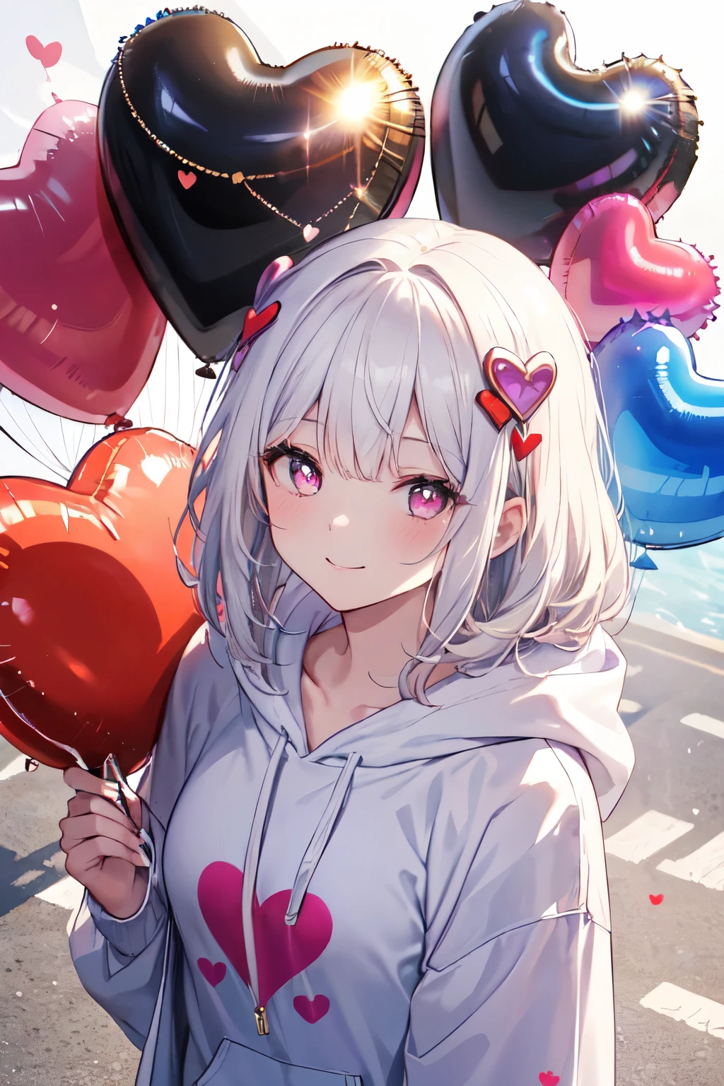 ((((masterpiece, highest quality, Super detailed, very_expensive_solve, big_file size, Full Color)))), One girl, ((The best smile)), （A smile that makes you close your eyes）, Long white hair, Pink Eyes, Wearing a fluffy white hoodie, Heart-shaped pupils, (((From above))), (((Look here))), Lens flare, Bokeh, Shine, ((watercolor)), Animal ears, ((Holding a big heart balloon))