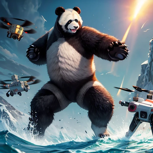 masterpiece, best quality, {best quality}, {{masterpiece}}, {high resolution}, Key Points, force，battlefield，warrior，military uniform，serious，Cold，A giant panda holding a remote control，A group of drones are flying overhead