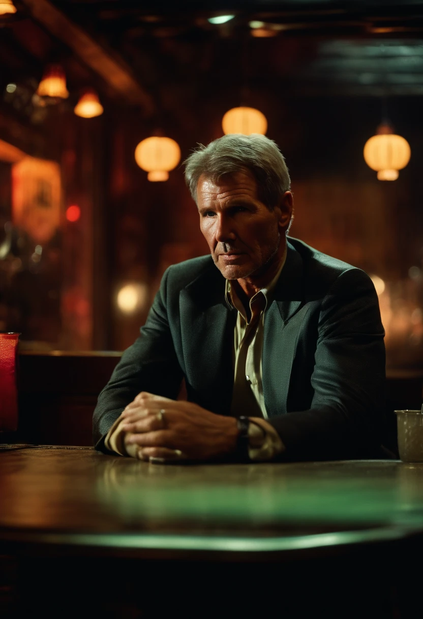 Harrison Ford, portraying the enigmatic Rick Deckard in Blade Runner, sat at a dimly lit Chinese restaurant during a rainy Chinatown night (1.7) (2.1). The table before him was adorned with steaming hot noodles, were within easy reach (1.3) (2.2). The brown jacket he wore, weathered from the rain-soaked streets, contrasted sharply with his colorful shirt and tie (3.1). The neon signs illuminated the cyber punk alleyways around him, casting a volumetric glow on the scene (4.1) (5.