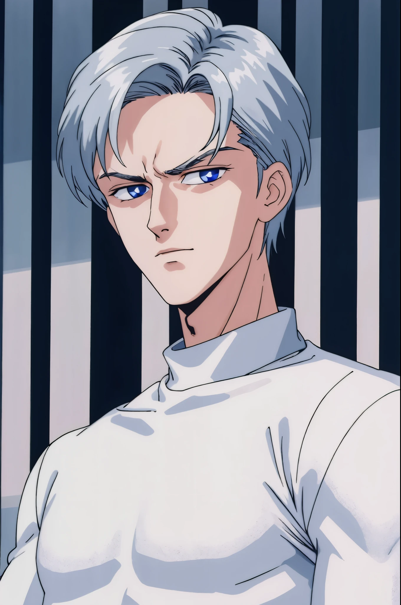 Boy, silver hair, blue eyes, serious sharp features, white skin, handsome, sweater