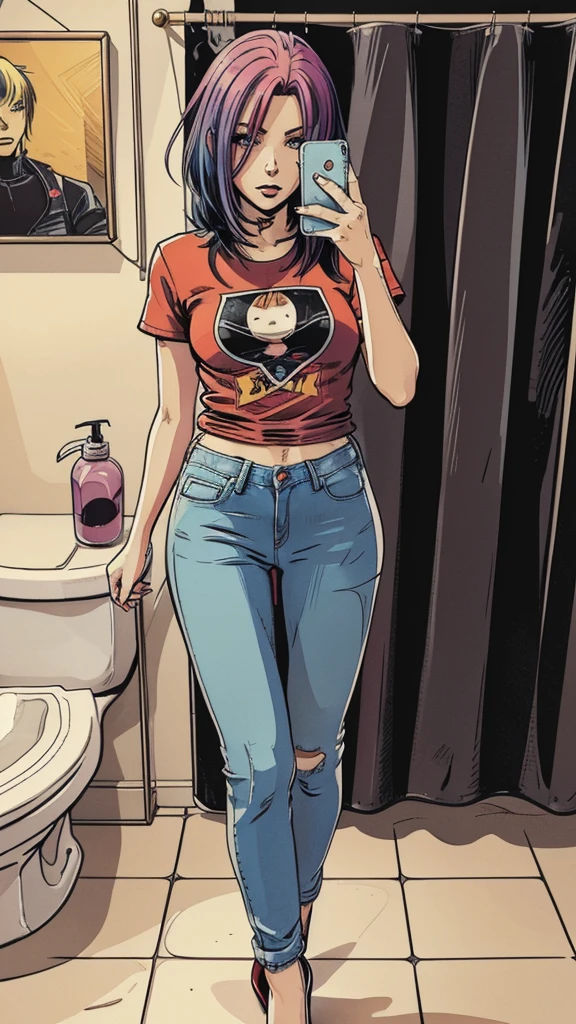 vector image, 2d cartoon,masterpiece, An anime woman,colored hair,lick, bold makeup,tight jeans, heels, seductive pose, leather jacket, t-shirt, taking selfie in toilet, full body