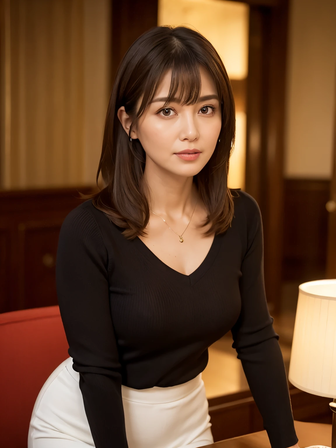 highest quality, masterpiece, High resolution, Photorealistic, RAW Photos, 8k wallpaper, perfection, Professional Lighting, Very detailed, Depth of written boundary, Look forward, Hotel Lounge, One beautiful woman, 40 years old, sexy, Detailed face, Beautiful Eyes, bangs, Shapely large breasts, Straight hair, Faint lips, View your viewers, Serious face eyes, Lightweight V-neck sweater, skirt, Cowboy Shot