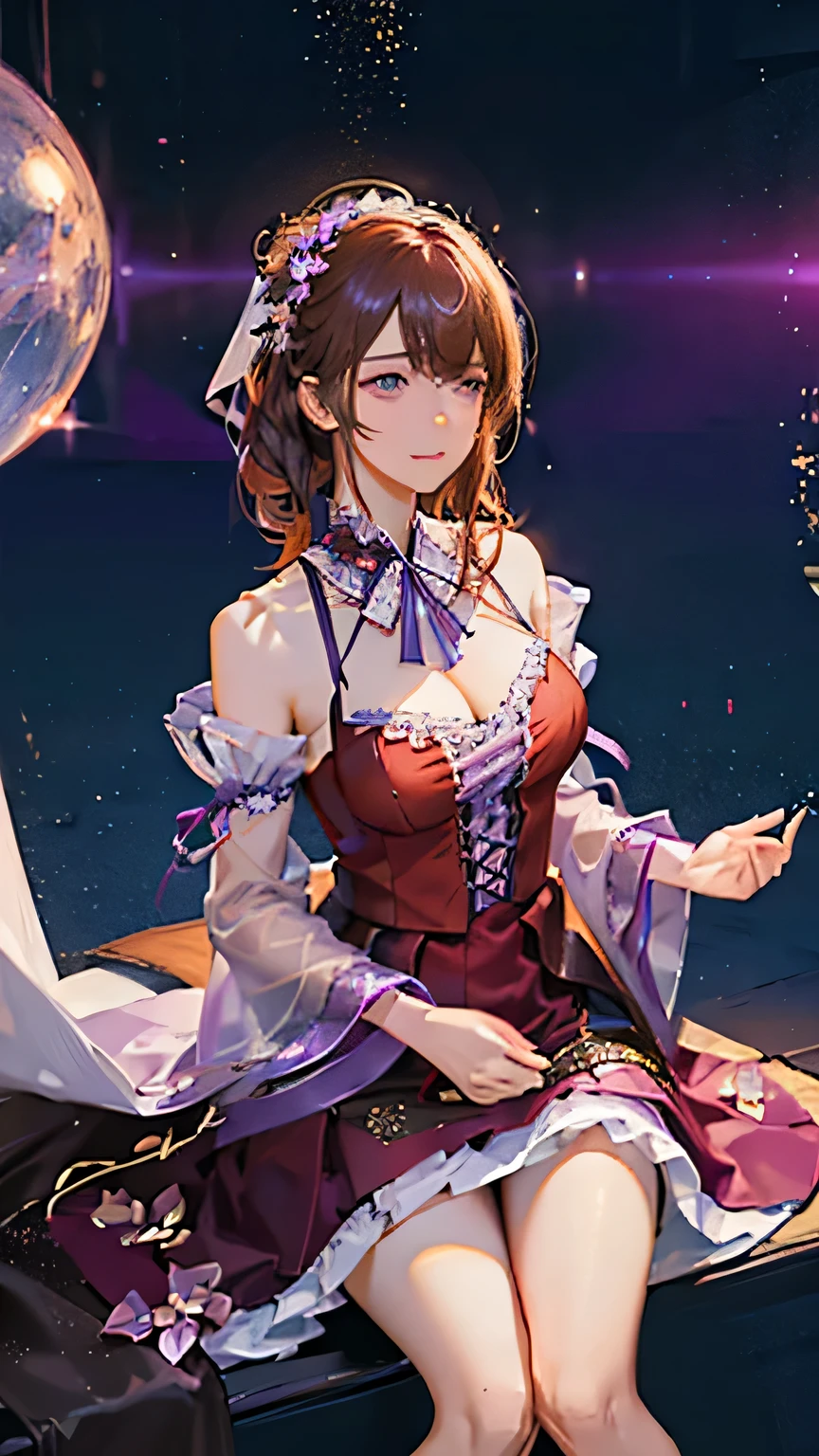 (highest quality, High resolution), Glowing Eyes, Delicate facial features, Vibrant colors, Dreamy atmosphere, Fantasy Theme, Floral Background, Graceful Movement, Detailed clothing, loose fitting dress, Elegant fashion, Magic lighting, Mysterious Aura, Heavenly Beauty, Magic thread, Whimsical elements,Big Breasts、Red attire、Colorful costumes、lingerie、Purple outfit