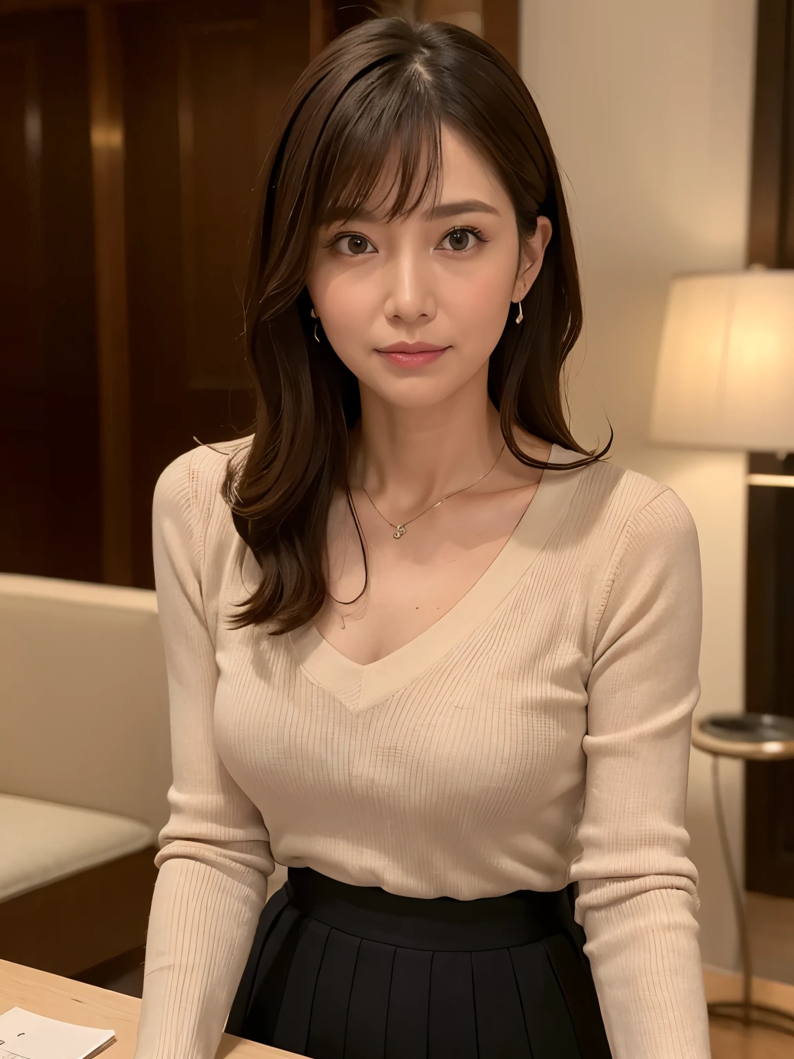 highest quality, masterpiece, High resolution, Photorealistic, RAW Photos, 8k wallpaper, perfection, Professional Lighting, Very detailed, Depth of written boundary, Look forward, Hotel Lounge, One beautiful woman, 40 years old, sexy, Detailed face, Beautiful Eyes, bangs, Shapely large breasts, Straight hair, Faint lips, View your viewers, Serious face eyes, Lightweight V-neck sweater, skirt, Cowboy Shot