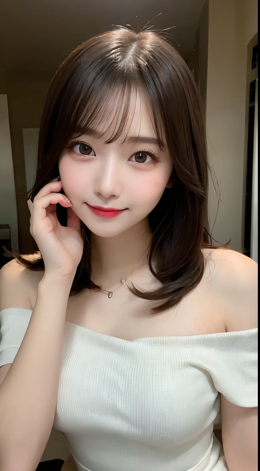 Tabletop, highest quality, shape, Very detailed, finely, High resolution, 8k wallpaper, 完璧なダイナミックな構shape, Beautiful and detailed, Nice spring clothes,Beautiful straight hair,Small breasts,Natural color lip, 20-year-old girl、cute、sexy shot looking at camera,Always blur the background,Perfect and beautiful face,Beautiful and dense face、Slim face and figure,Big eyes、Putting on gal makeup,Actual Photos(Best image quality)、Sexy Face、Fashion model posing、Full Body Shot、smile、Off-the-shoulder one-piece dresses,