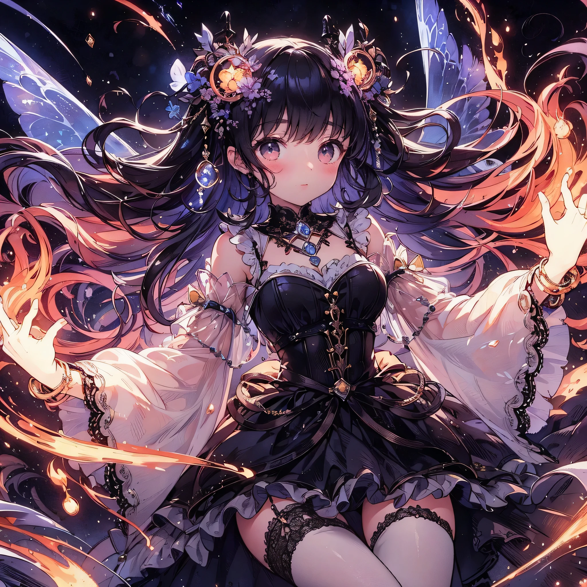 (Exquisite, beautiful, Very detailed, masterpiece, High resolution,high quality,High resolution),(Well-formed face,Soft and thin lines: 1.2, beautiful, Delicate and vivid illustrations with a mature and clear feel) ,He floats in the air, controlling the flames and fire from the rings on his hands.,A delicate and beautiful adult fairy princess with transparent, black wings growing from her back.,Dark Night,inflammation,sparks,From a little distance,She&#39;s wearing a tiara, earrings, necklace and bracelets.,), ((Red, white and black ball gown dress with inflammation motif:1.1, Balloon sleeves, Jewels, ribbons, lace and frills, Fairy wings from the back:1.5)), (Long fingers,Pale pink blush, Plump pink lips,Beautiful and clear eyes,Large Bust, Fair skin, Black knee-highs,Good style),pastel colour, Fantasy,Whole body,flare up
