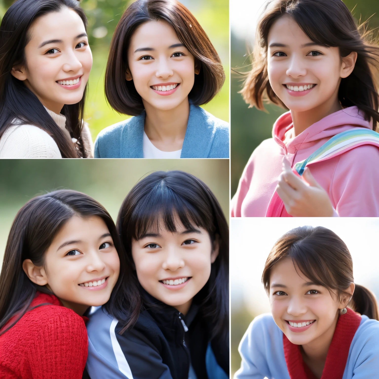 images of one woman in 4 different ages 15 years, 20 years, 30 years, and 40 years, keep it same smile in all images, and also same clothes.