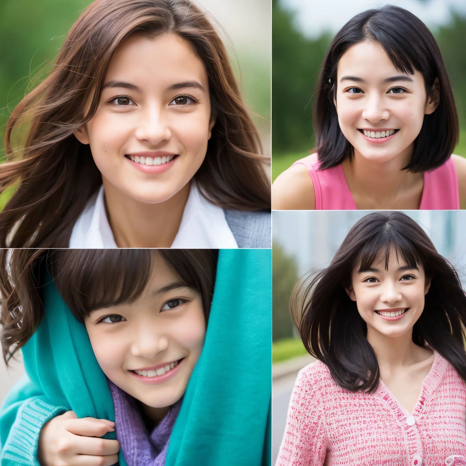 images of one woman in 4 different ages 15 years, 20 years, 30 years, and 40 years, keep it same smile in all images, and also same clothes.