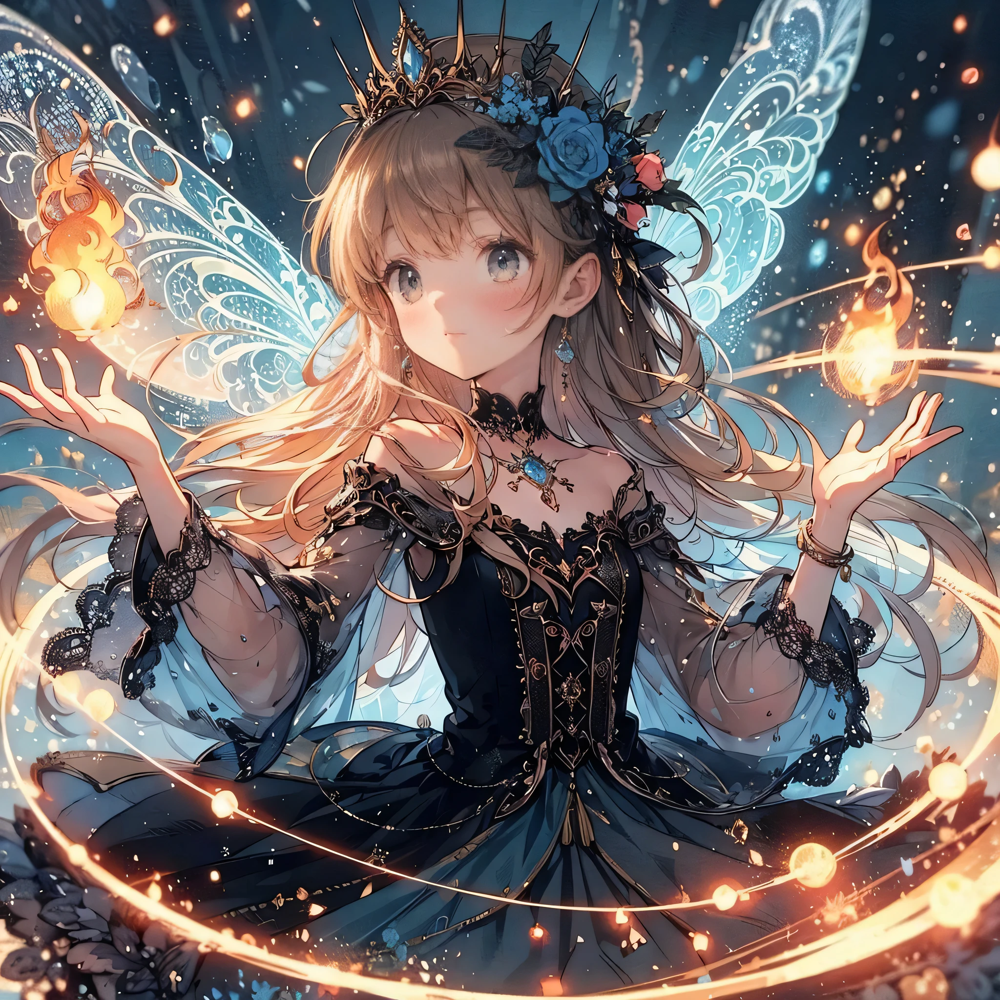 (Exquisite, beautiful, Very detailed, masterpiece, High resolution,high quality,High resolution),(Well-formed face,Soft and thin lines: 1.2, beautiful, Delicate and vivid illustrations with a mature and clear feel) ,He floats in the air, controlling the flames and fire from the rings on his hands.,A delicate and beautiful adult fairy princess with transparent, black wings growing from her back.,Dark Night,inflammation,sparks,From a little distance,She's wearing a tiara, earrings, necklace and bracelets.,), ((Red, white and black ball gown dress with inflammation motif:1.1, Balloon sleeves, Jewels, ribbons, lace and frills, Fairy wings from the back:1.5)), (Long fingers,Pale pink blush, Plump pink lips,Beautiful and clear eyes,Large Bust, Fair skin, Black knee-highs,Good style),pastel colour, Fantasy,Whole body,flare up