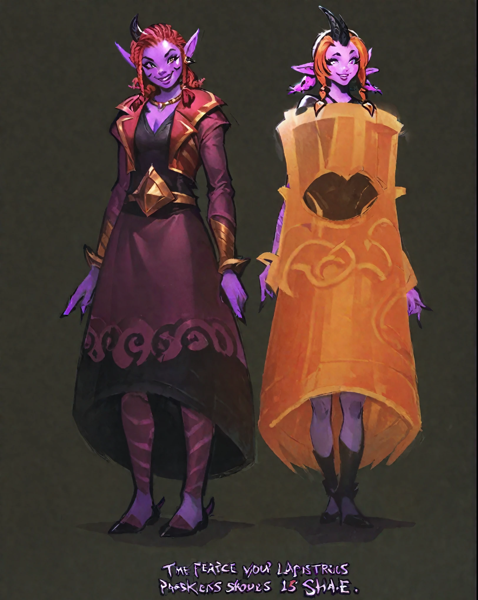 better aesthetics, lolsplashart, ashé,1 girl, vibrant purple skin:1.5, pointy ears, horns, smiling