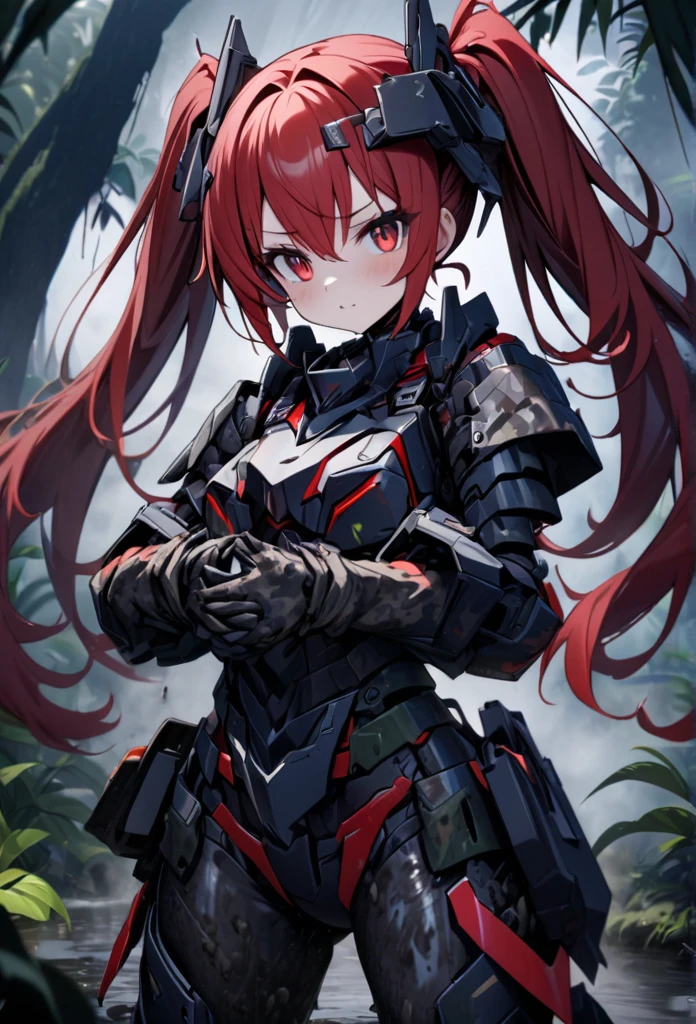 High quality, high definition, hig
h precision images,8k 1 Girl Robot Girl、red hair,Twin tails,Red eyes,Robo girl style armor on head
 deep in the jungle,foggy,camouflage robot stylebody armor,Robot-style camouflage barrettes,covered in mud,  holding a large machine gun in both hands.