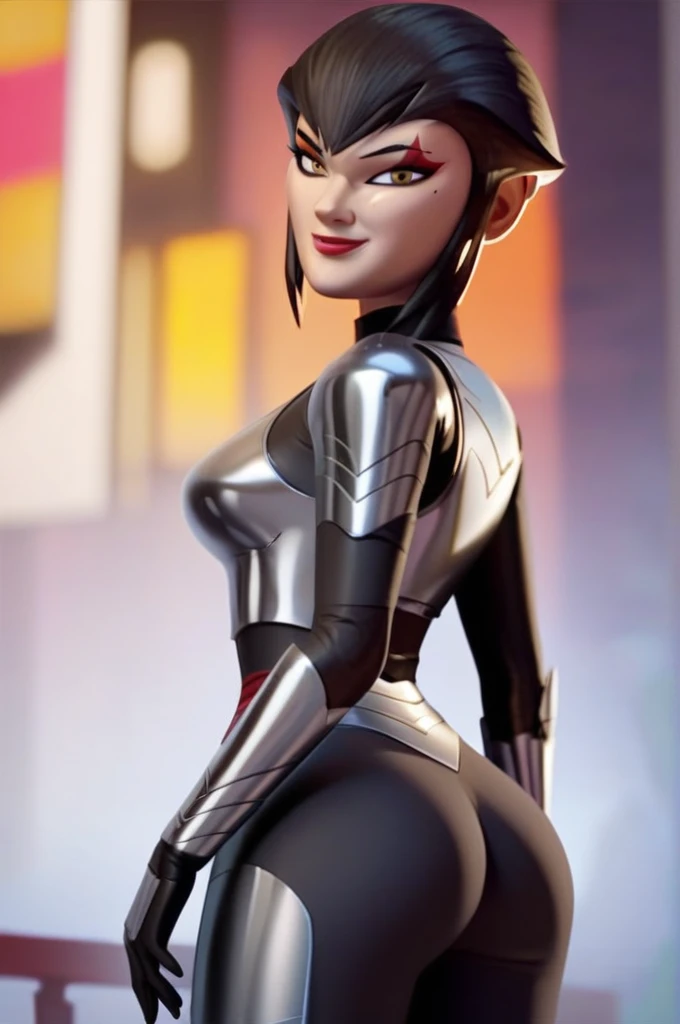 1girl, solo, kara1, black short hair, brown eyes, makeup, a mole under the eye, red face paint, metallic armor, standing, ass, looking at viewer, smile, high quality, score_9, score_8_up, score_7_up