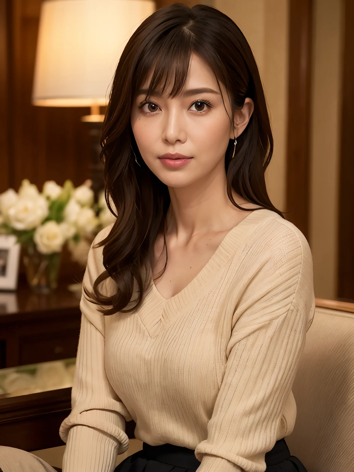 highest quality, masterpiece, High resolution, Photorealistic, RAW Photos, 8k wallpaper, perfection, Professional Lighting, Very detailed, Depth of written boundary, Look forward, Hotel Lounge, One beautiful woman, 40 years old, sexy, Detailed face, Beautiful Eyes, bangs, Shapely large breasts, Straight hair, Faint lips, View your viewers, Serious face eyes, Lightweight V-neck sweater, skirt, Cowboy Shot