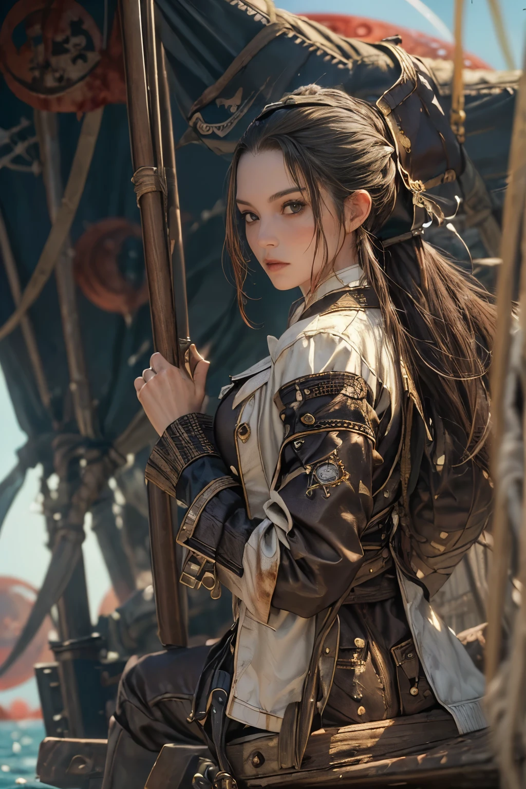 (masterpiece, Best Quality, High resolution, extremely detailed 8K:1.6), {(1 girl:1.6), sexy Beautiful 25 years old girl with slim body, (pirate:1.8):1.6}, (Ultra HD, Ultra-detailed, Highly detailed, Highly realistic, Ultra-realistic, photos realistic), {deep depth of field, (god ray:1.2), (bounced front lighting:1.1), (soft diffused lighting:1.6) }, (1girl:1.5), (long hair, pony tail:1.4), (dynamic sexy poses), (very delicate and natural hair:1.3), back view, facing at camera, light smile, (big firm bouncing breasts: 1.6), (very delicate and natural face, very delicate and natural eyes:1.3),(very delicate and natural clothes:1.2),(crystal blue eyes:1.2) (sexy brown pirate jacket, The chest part of the jacket is widely open, black short pants, deck boots:1.5), {waves, (in midnight, blood moon:1.6), (sitting on pirate boat, lots of treasures, treasures box, firing cannons:1.3),(southern island:1.6)}