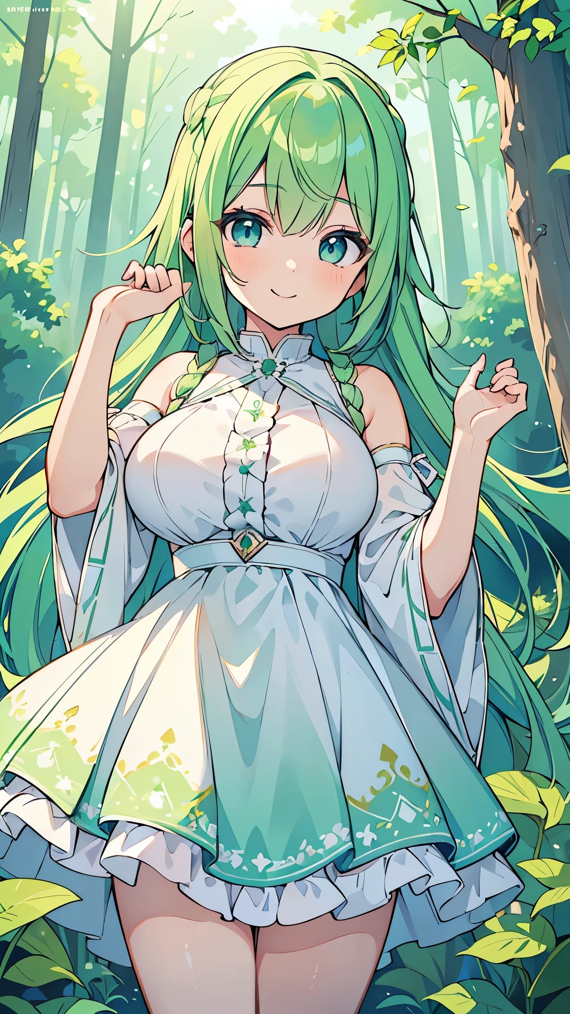 ((A Pretty girl with green hair and blue eyes)), ((wearing the white dress)), Baby face, ((top-quality, master piece, ultra-definition, high resolution)), anime girl, ((ultra-detailed illust:1.2)), only one person, bangs, hair between eye, beautiful hair, Beautiful eyes, medium breast, Big smile, in the forest