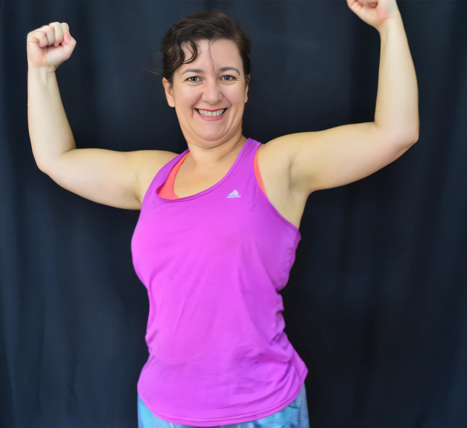 arafed woman in a pink tank top flexing her arms, toned arms, arms extended, arms to side, triumphant pose, half - body shot, half-body shot, shoulder in front pose, upper body shot, standing triumphant and proud, photo from the back, with arms up, pose(arms up + happy), posing and flexing