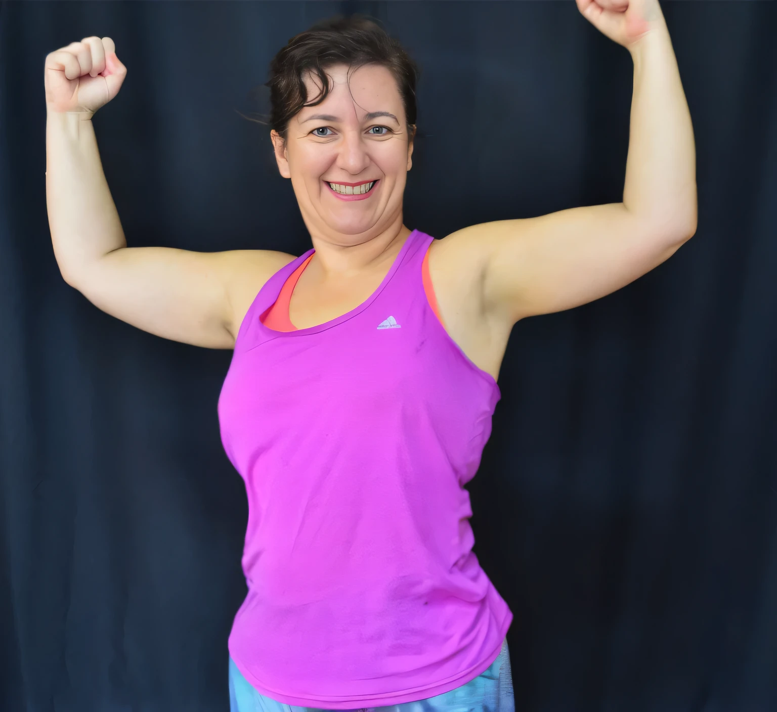 arafed woman in a pink tank top flexing her arms, toned arms, arms extended, arms to side, triumphant pose, half - body shot, half-body shot, shoulder in front pose, upper body shot, standing triumphant and proud, photo from the back, with arms up, pose(arms up + happy), posing and flexing