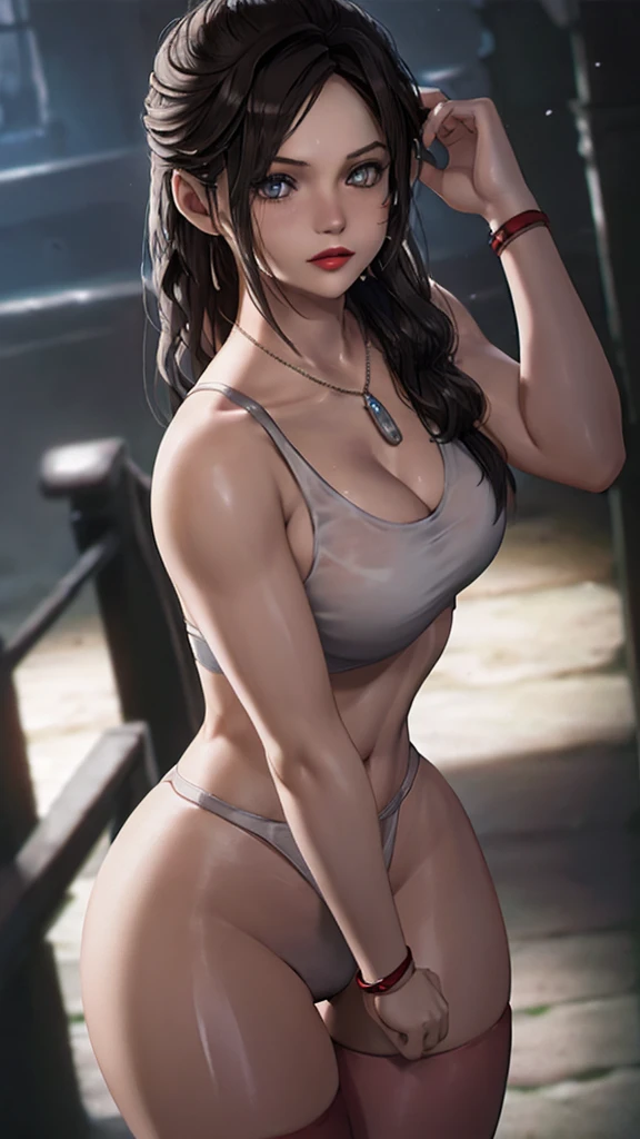 beautiful girl, 18 years old, medium breasts,wet, camel toe, red lips ,
White underwear, sexy pose,
Resident evil, Claire Redfield,