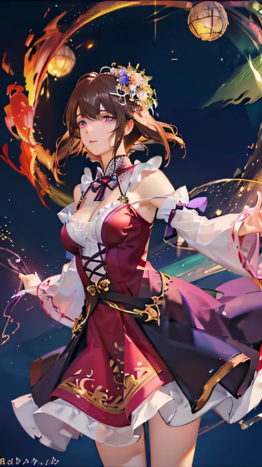 (highest quality, High resolution), Glowing Eyes, Delicate facial features, Vibrant colors, Dreamy atmosphere, Fantasy Theme, Floral Background, Graceful Movement, Detailed clothing, loose fitting dress, Elegant fashion, Magic lighting, Mysterious Aura, Heavenly Beauty, Magic thread, Whimsical elements,Big Breasts、Red attire、Colorful costumes、lingerie、Purple outfit