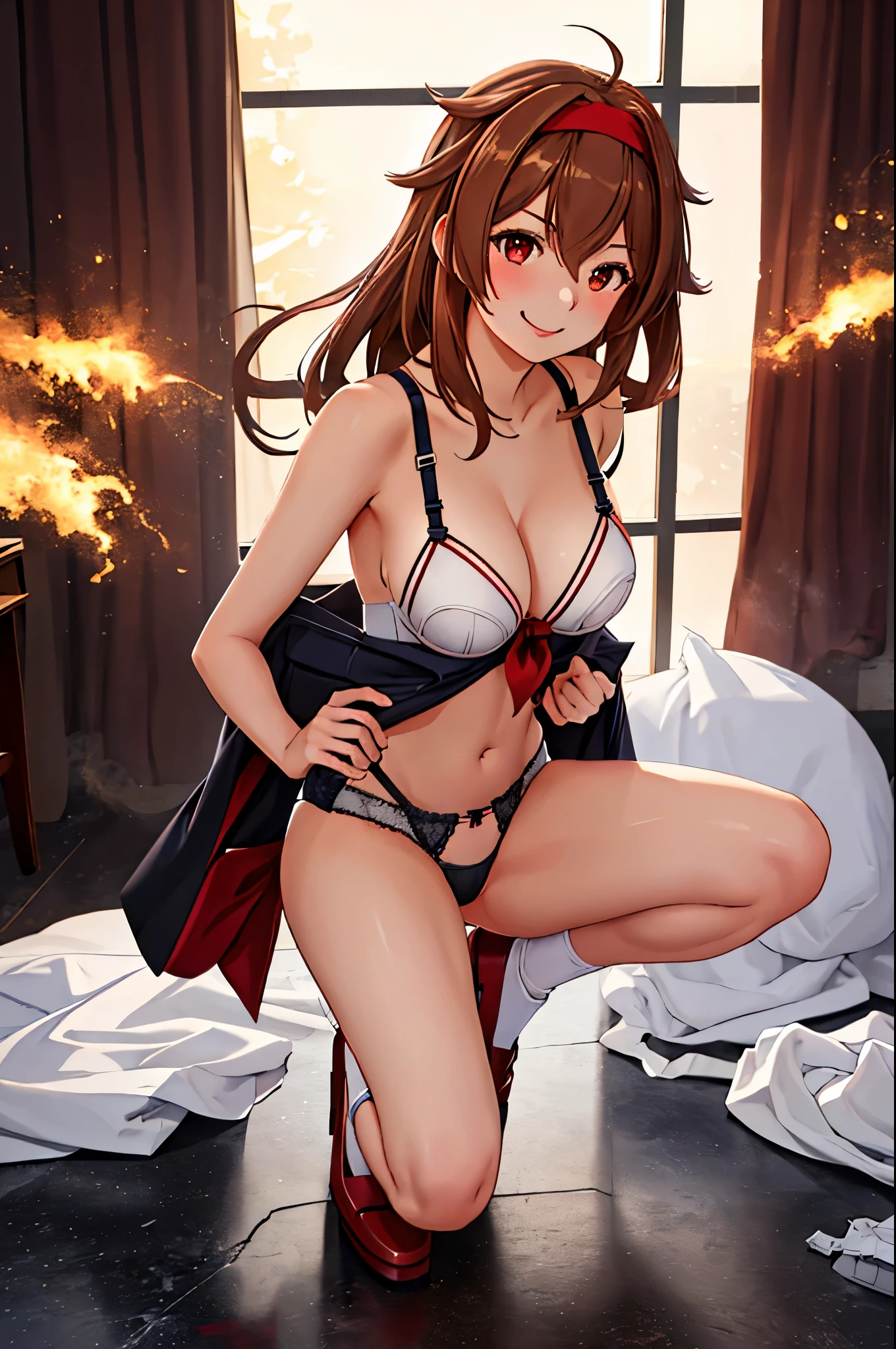 highest quality, masterpiece, High resolution, 1 girl, White Dew (Kantai Collection)(White Dew改二 艦隊これくしょん:1.15), Brown Hair, Red eyes, smile, Slender body, Full body portrait,Red headband, black(Sailor suit), Pleated skirt, Classroom Background, Slender body, Full body portrait, Skirt flip, (panties), (good), Squat, (panties), (bra), (In underwear), (Flashy underwear), (lingerie),
