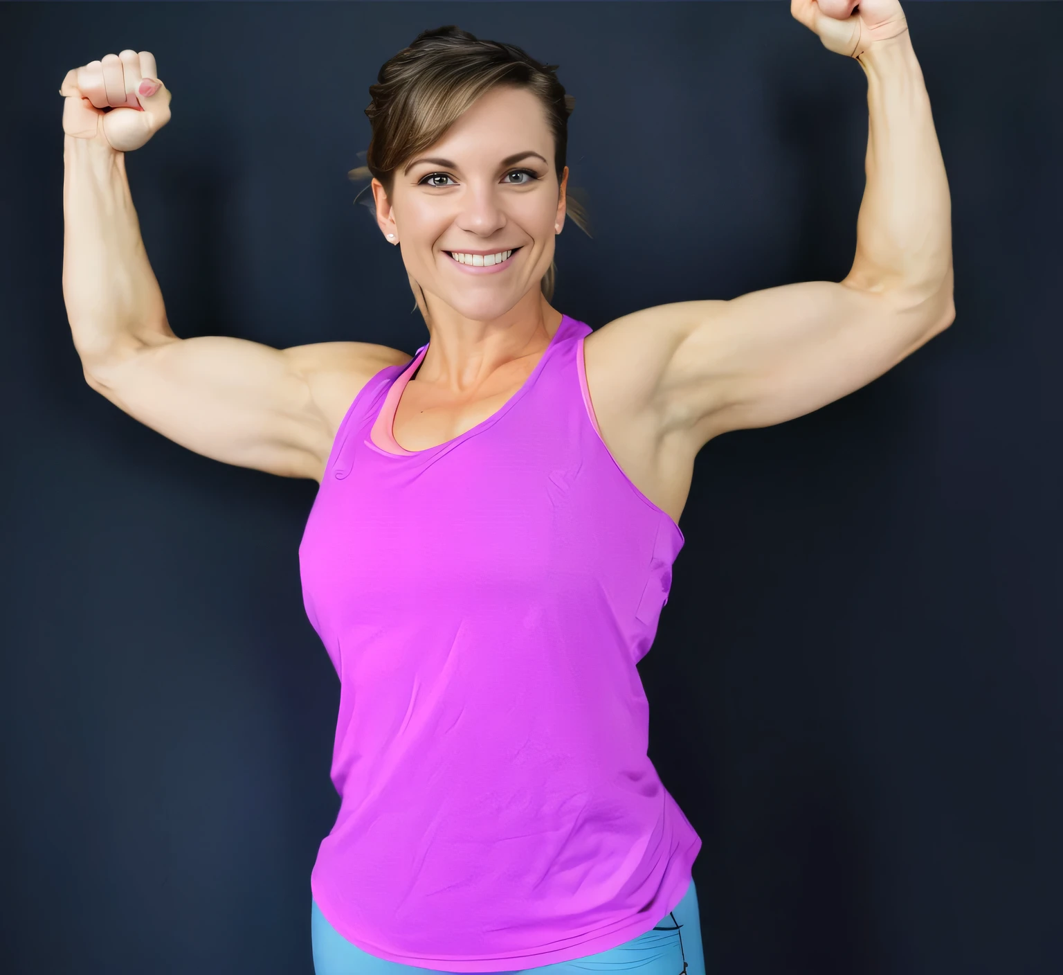arafed woman in a pink tank top flexing her arms, toned arms, arms extended, arms to side, triumphant pose, half - body shot, half-body shot, shoulder in front pose, upper body shot, standing triumphant and proud, photo from the back, with arms up, pose(arms up + happy), posing and flexing