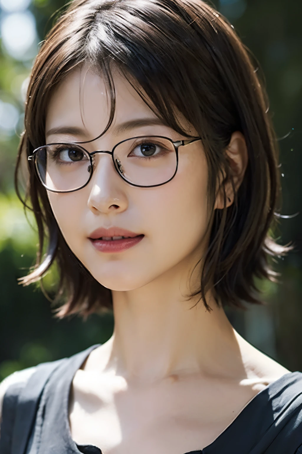 (8k、Raw photo、highest quality、masterpiece:1.2)、(Realistic、Photorealistic:1.37)、Ultra-detailed、超A high resolution、1 girl、Seeing the viewer、Beautifully detailed face、Laughter、narrow、(Narrow waist) :1.3)、Loose-fitting clothing、Beautifully detailed skin、Skin Texture、Floating Hair、Professional Lighting、Forest Park、Black square glasses 、Human whole body、Brown Hair