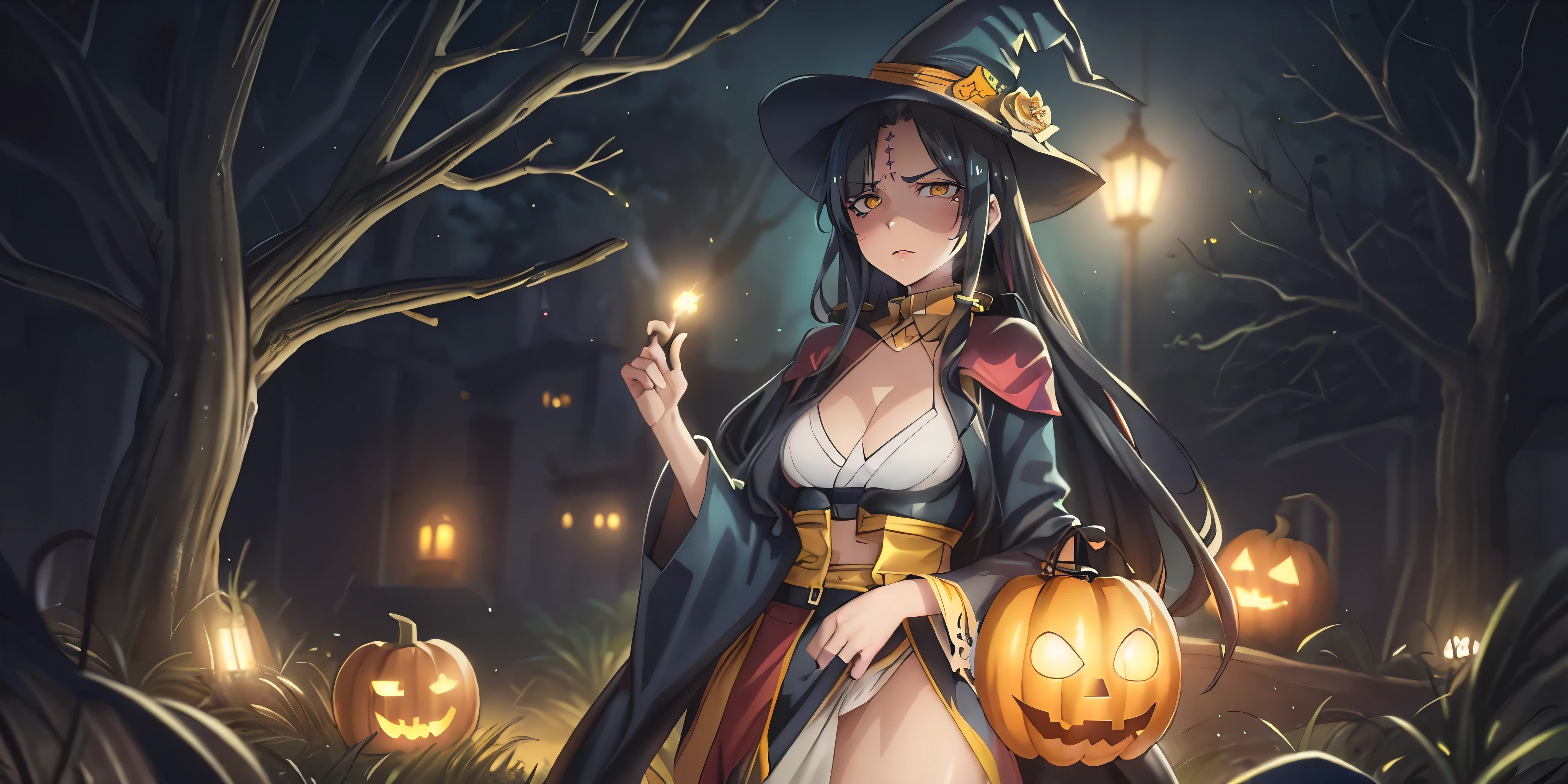 (long hair:1.3), (black hair:1.3), forehead, forehead mark, ((anatomically correct:1.3)), heavy breathing, huge breasts, epic art, fantasy, 1girl, jack-o'-lantern, halloween, hat, solo, witch_hat, lantern, pumpkin, breasts, witch, cleavage_cutout, medium_breasts, cleavage, lollipop, happy_halloween, dress, flower, tree, looking_at_viewer, belt, large_breasts, candy, long_sleeves, jewelry, standing, candle, glow effects, godrays, Hand drawn, render, 8k, octane render, cinema 4d, blender, dark, atmospheric 4k ultra detailed, cinematic, Sharp focus, big depth of field, Masterpiece, colors, 3d octane render, 4k, concept art, trending on artstation, hyperrealistic, Vivid colors, extremely detailed CG unity 8k wallpaper, trending on CGSociety, Intricate, High Detail, dramatic, anime coloring, anime screencap, steaming body, fog, heavy breathing, michiko_tanaka_mahoushoujoniakogarete,michiko tanaka, (shaded face:1.2), hollow eyes, yellow eyes, looking at viewer, (heavy breathing:1.2), expressionless, glaring eyes, forehead mark, makeup, (anime coloring, anime screencap)