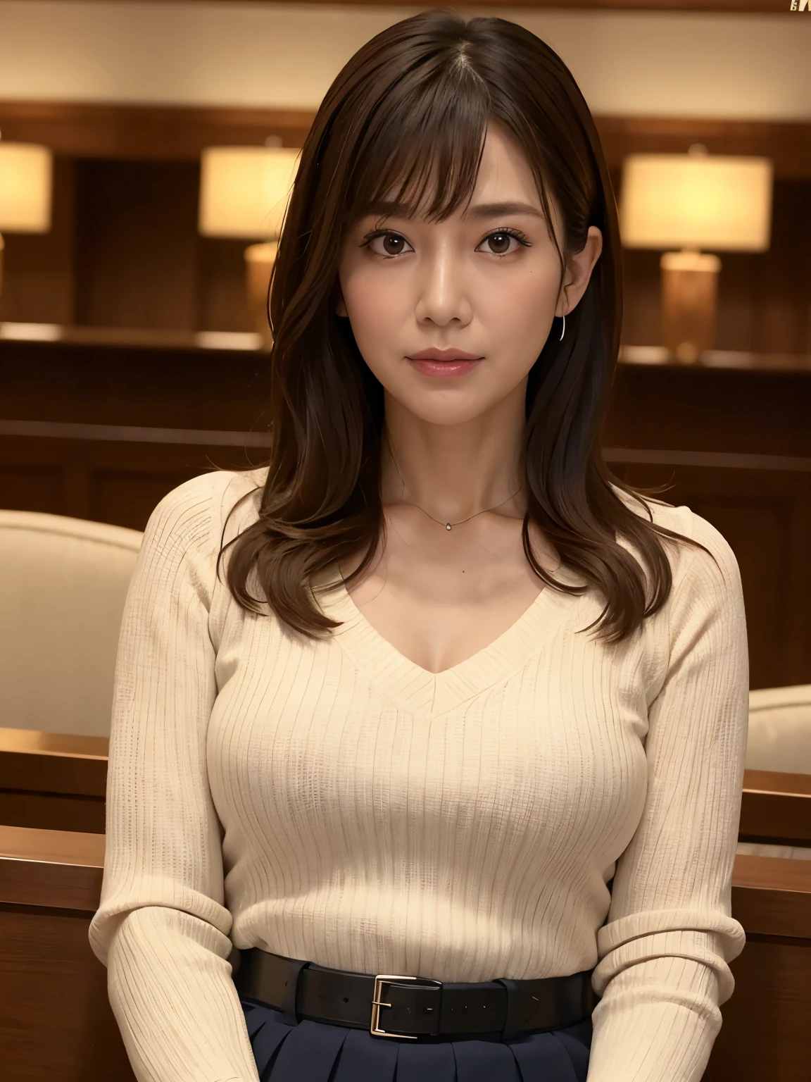 highest quality, masterpiece, High resolution, Photorealistic, RAW Photos, 8k wallpaper, perfection, Professional Lighting, Very detailed, Depth of written boundary, Look forward, Hotel Lounge, One beautiful woman, 40 years old, sexy, Detailed face, Beautiful Eyes, bangs, Shapely large breasts, Straight hair, Faint lips, View your viewers, Serious face eyes, Lightweight V-neck sweater, skirt, Cowboy Shot