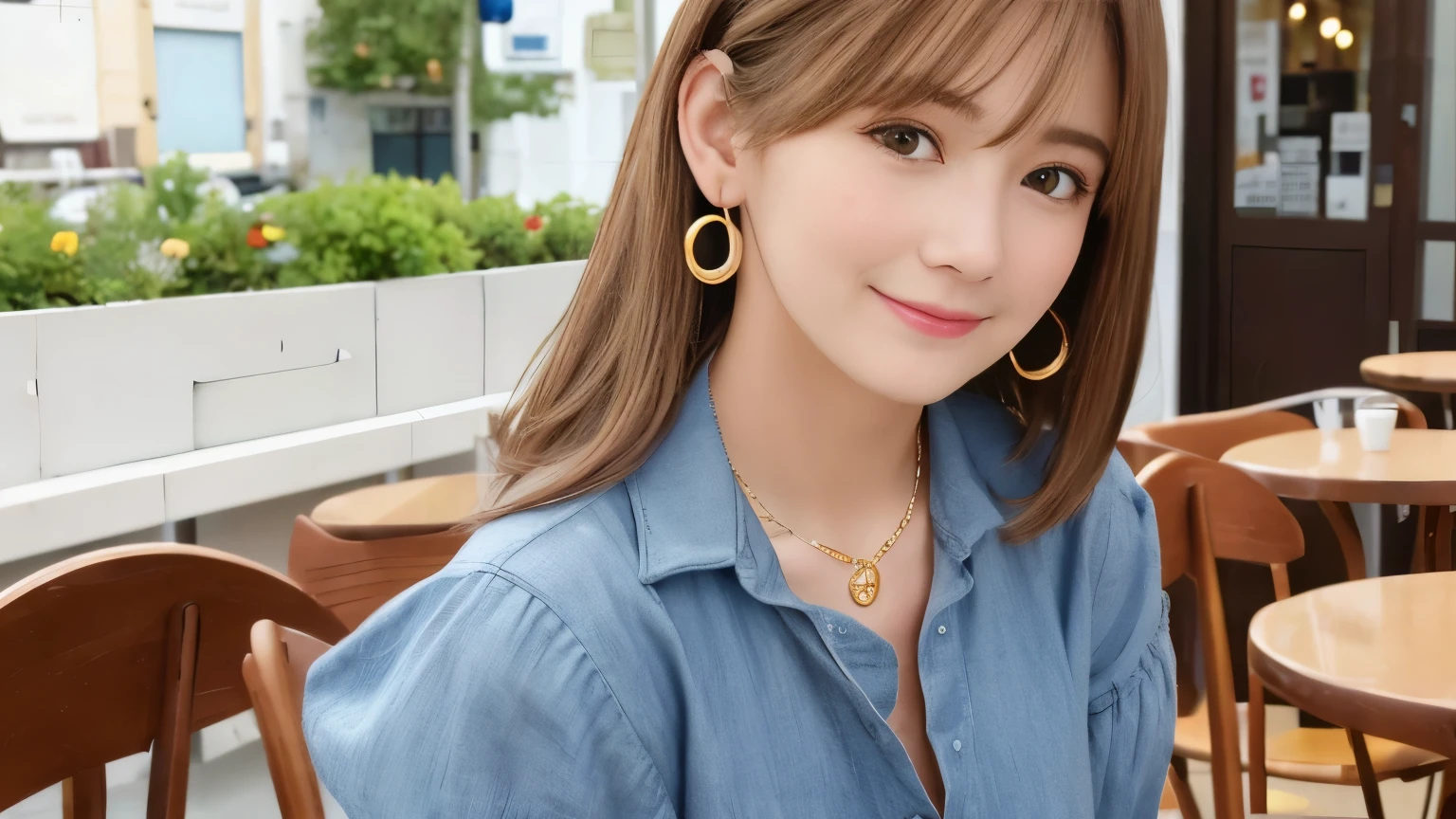 super high quality, short hair, thin, Photography Sculpture, The staff is working at the counter in the back.., (8k、RAW Photos、highest quality、masterpiece:1.2), Japanese Idols, Brown Hair, necklace, Stylish cafe, People having fun at the cafe々Bustling with., (Realistic、Realistic:1.37), Mesh Hair, Golden Ratio, RAW Photos, Cute face , Light Brown Hair, Earrings, Small breasts, Blurred Background, Spring Clothes, Well designed furniture, Ruth Palmer, Beautiful hairstyle, Spoiled, Open Cafe, A kind smile, Hair blowing in the wind, Dress neatly, Berry Short, 18-year-old, Gal Fashion,