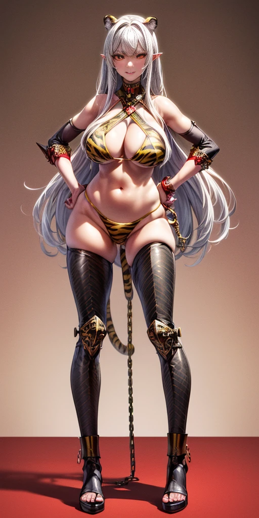 (Masterpiece, best quaility, 4k) (black gyaru darkest skin) (pointy ears) (tiger tail) (Selvaria Bles) wearing yellowish tiger print bikini, hands on hips, full body golden = (shackles wristbands, chains, bracers, handcuffs) leather collar choker, metal sandals, big knockers, happy closed mouth red cheeks