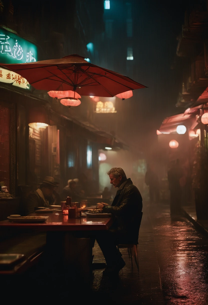 『Blade Runner』Harrison Ford played the enigmatic Rick Deckard in、Rainy night in Chinatown、I was sitting in a dimly lit Chinese restaurant. (1.7) (2.1)。 There was heat on the table in front of him.々The noodles are decorated、It was within easy reach (1.3) (2.2), Large drops of rain have been hitting his back for a while now., Many neon signs light up the cyberpunk alleys around him.、It cast a three-dimensional glow on the site. (1.9)