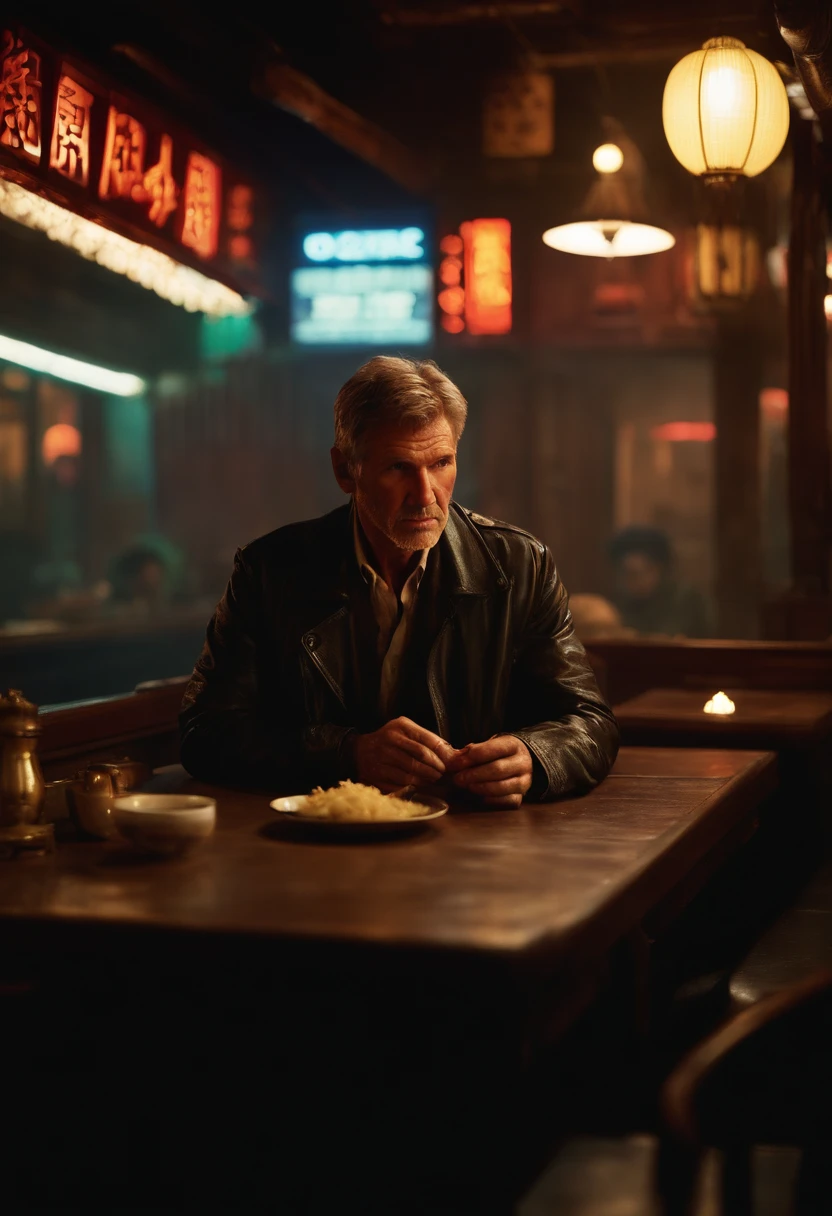 『Blade Runner』Harrison Ford played the enigmatic Rick Deckard in、Rainy night in Chinatown、I was sitting in a dimly lit Chinese restaurant. (1.7) (2.1)。 There was heat on the table in front of him.々The noodles are decorated、It was within easy reach (1.3) (2.2), Large drops of rain have been hitting his back for a while now., Many neon signs light up the cyberpunk alleys around him.、It cast a three-dimensional glow on the site. (1.9)