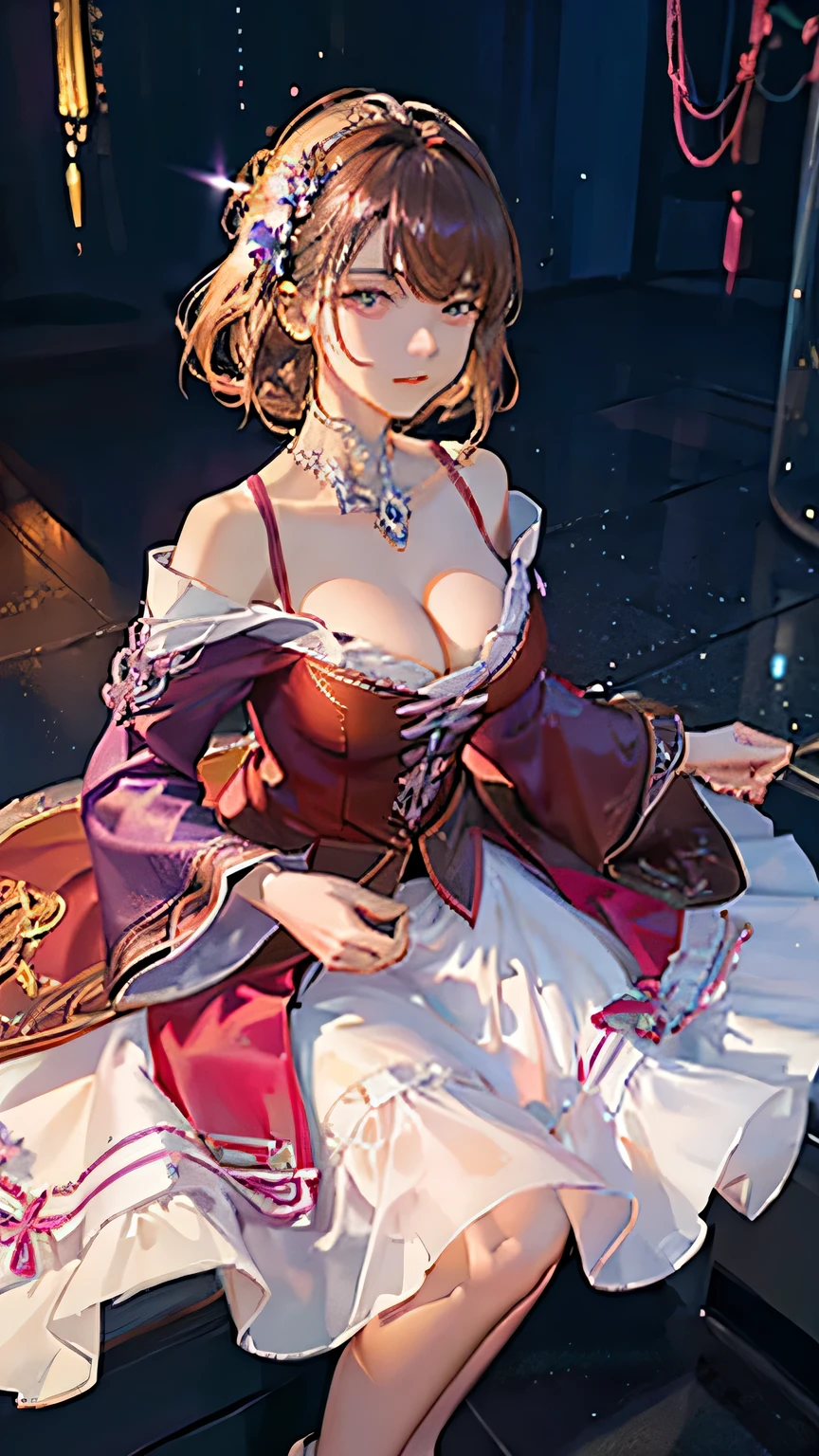 (highest quality, High resolution), Glowing Eyes, Delicate facial features, Vibrant colors, Dreamy atmosphere, Fantasy Theme, Floral Background, Graceful Movement, Detailed clothing, loose fitting dress, Elegant fashion, Magic lighting, Mysterious Aura, Heavenly Beauty, Magic thread, Whimsical elements,Big Breasts、Red attire、Colorful costumes、lingerie、Purple outfit