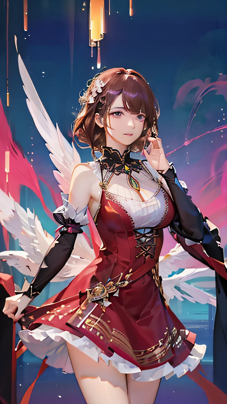 (highest quality, High resolution), Glowing Eyes, Delicate facial features, Vibrant colors, Dreamy atmosphere, Fantasy Theme, Floral Background, Graceful Movement, Detailed clothing, loose fitting dress, Elegant fashion, Magic lighting, Mysterious Aura, Heavenly Beauty, Magic thread, Whimsical elements,Big Breasts、Red attire、Colorful costumes、lingerie、Purple outfit