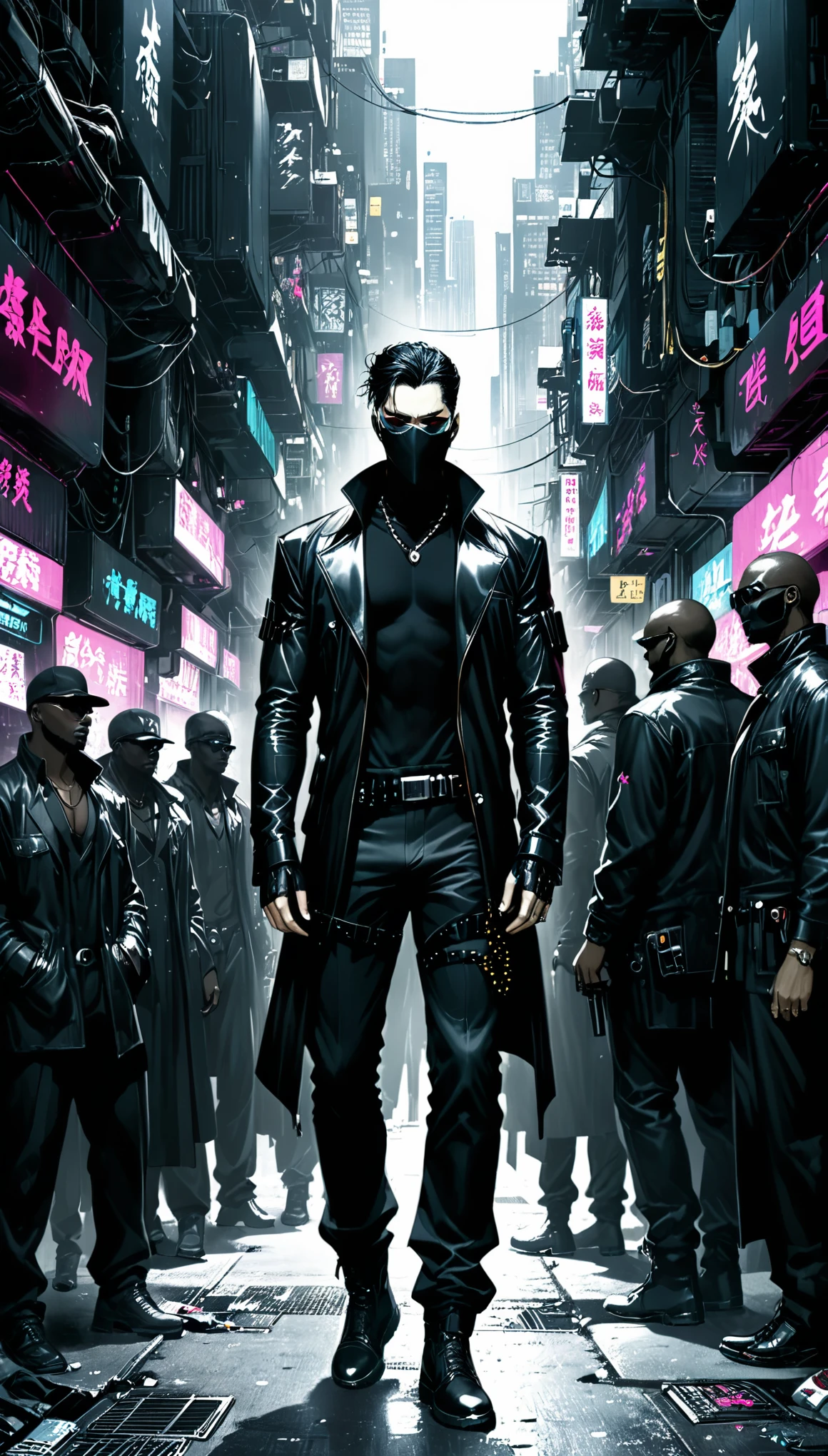 in style of Jae Lee,Black market in the back streets of a cyberpunk metropolis,Many black traders followed,Man in black,Many people