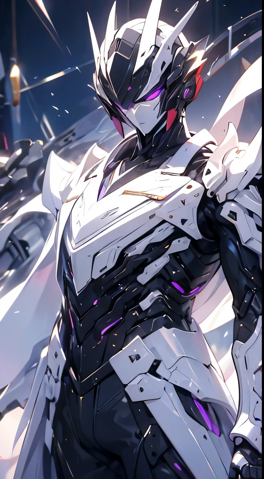Adult male,Black hair,Wearing a white trench coat,Young men,Wearing black mechanical armor, masterpiece, high quality,Blank Background,Purple Eyes,teacher,Cover your face with a mechanical visor
