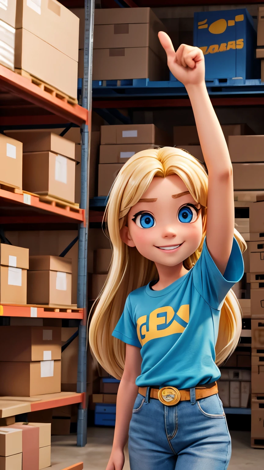 a blonde girl, long hair, called iely, with blue eyes, wearing a yellow outfit, in a warehouse full of boxes, she is smiling and pointing up, pixar style