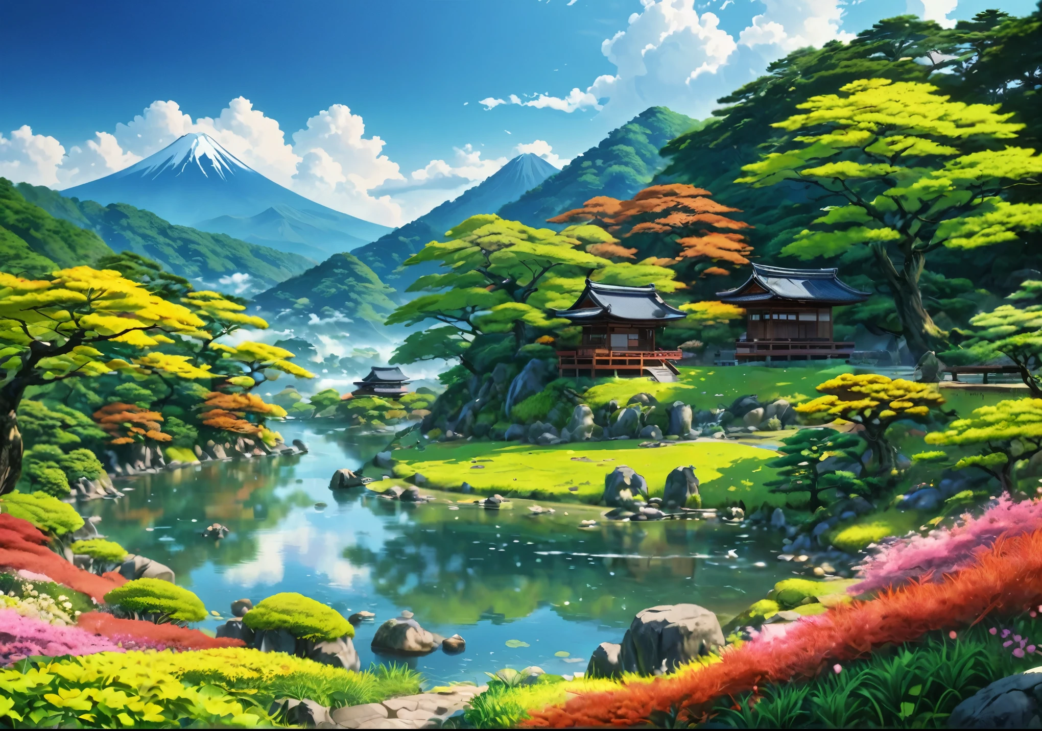 Japan has four seasons、Living creatures and plants change throughout the year、It shows a fascinating landscape。here、Beautiful Japan representing the beauty of nature, 8k, Super Detail, Accurate, highest quality, lightning、Sharp images、High color reproducibility、Attention to detail、live-action、Alluring、