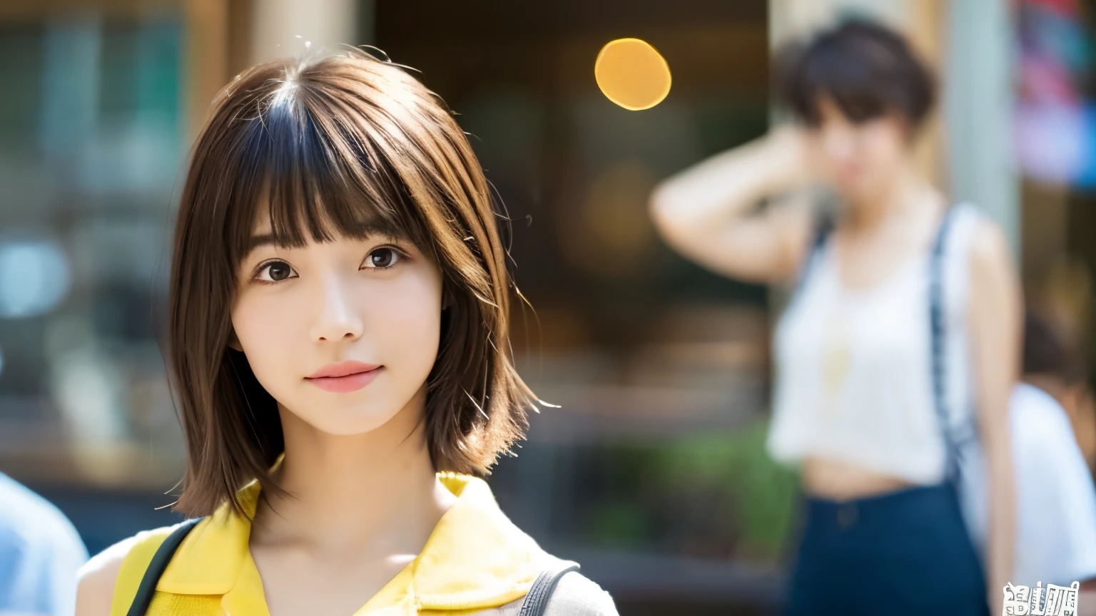super high quality, short hair, thin, Photography Sculpture, The staff is working at the counter in the back.., (8k、RAW Photos、highest quality、masterpiece:1.2), Japanese Idols, Shaggy, Sportswear, Stylish cafe, (Realistic、Realistic:1.37), Mesh Hair, Normal chest, Urban Cafe, Golden Ratio, RAW Photos, Cute face , Light brown hair, Bright cafe interior, Blurred Background, Spring Clothes, Sweet expression, Observe the audience, Beautiful hairstyle, 20-year-old, Hair blowing in the wind, Dress neatly, 
