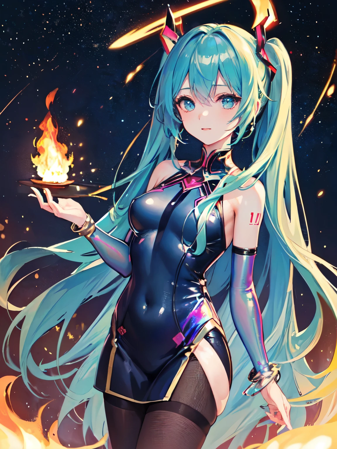 ( masterpiece:1.5),( highest quality:1.5),( Very detailed:1.5), figure,( One girl:1.5),( alone:1.5), anime, character, roller, Cowboy Shot, Perfect Face, Shiny skin, Long Hair, Beautiful fine details, Beautiful, flowing hair,( Holographic:1.3),( Holographic clothing:1.3)Under the beautiful starry sky、Reading by the campfire、Naked Hatsune Miku。４K