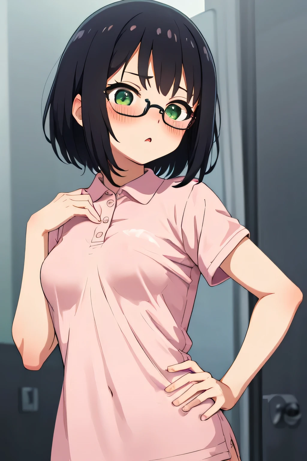 In town,Small breasts that can be rolled up,Black Hair,short hair,Green Eye Glasses,(Pink polo shirt, Short sleeve, naked), (High resolution, high quality:1.1), Intricate details, 1 girl,(blush,Embarrassing)There are a lot of people around
