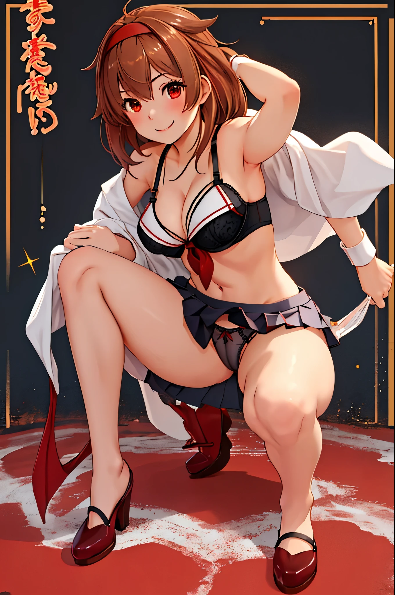 highest quality, masterpiece, High resolution, 1 girl, White Dew (Kantai Collection)(White Dew改二 艦隊これくしょん:1.15), Brown Hair, Red eyes, smile, Slender body, Full body portrait,Red headband, black(Sailor suit), Pleated skirt, Classroom Background, Slender body, Full body portrait, Skirt flip, (panties), (good), Squat, (panties), (bra), (In underwear), (Flashy underwear), (lingerie),