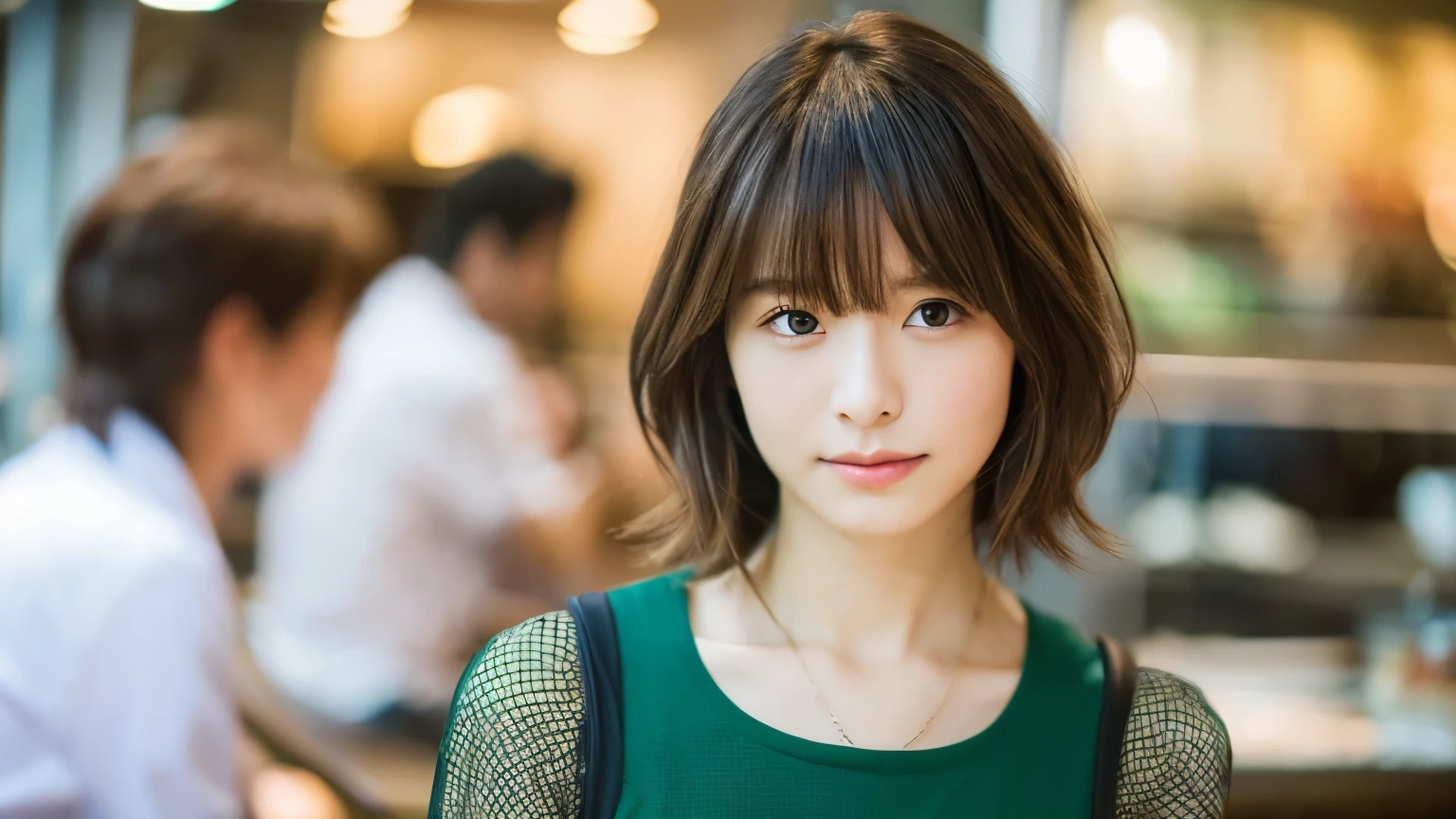 super high quality, short hair, thin, Photography Sculpture, The staff is working at the counter in the back.., (8k、RAW Photos、highest quality、masterpiece:1.2), Japanese Idols, Shaggy, Sportswear, Stylish cafe, (Realistic、Realistic:1.37), Mesh Hair, Normal chest, Urban Cafe, Golden Ratio, RAW Photos, Cute face , Light brown hair, Bright cafe interior, Blurred Background, Spring Clothes, Sweet expression, Observe the audience, Beautiful hairstyle, 20-year-old, Hair blowing in the wind, Dress neatly,