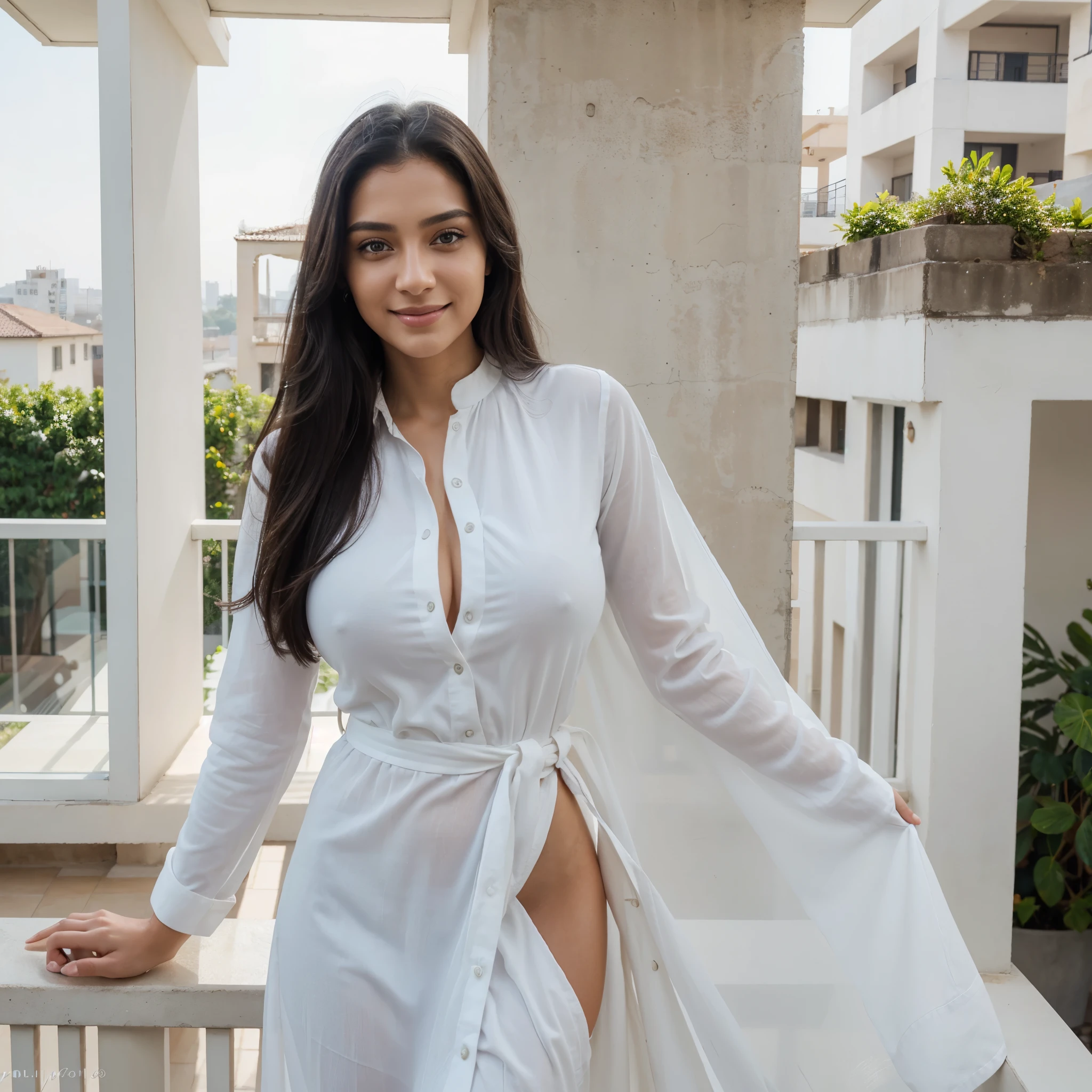 One woman of about 20 years old, black long hair, body measurement 36-25-36, height 5'7", big breasts, Hazel eyes, wearing white kurta, blue jeans, balcony, luxury house, close up, smiling, candid, Full Body full height Shooting, Masterpiece, mobile Photography, daylight, 8k, Top Quality, Photorealistic, Ultra Detailed, (high skin detail:1.2), sharp focus, candid capture