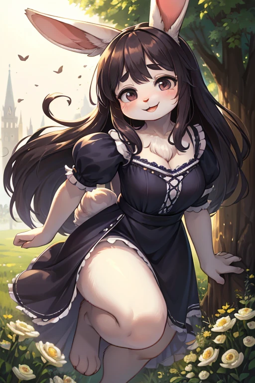 Slapstick comedy scene , hairy rabbit mom , realistic hairy rabbit legs , round face , (tilt face:1.1) , (half-open eyes:1.2) , moist round eyes , Swollen cheeks , dark color hair , long hair , lively smile , glossy lips , light color gothic dress , world of Alice in Wonderland , Hair fluttering in the wind , (with Characters from Alice in Wonderland)