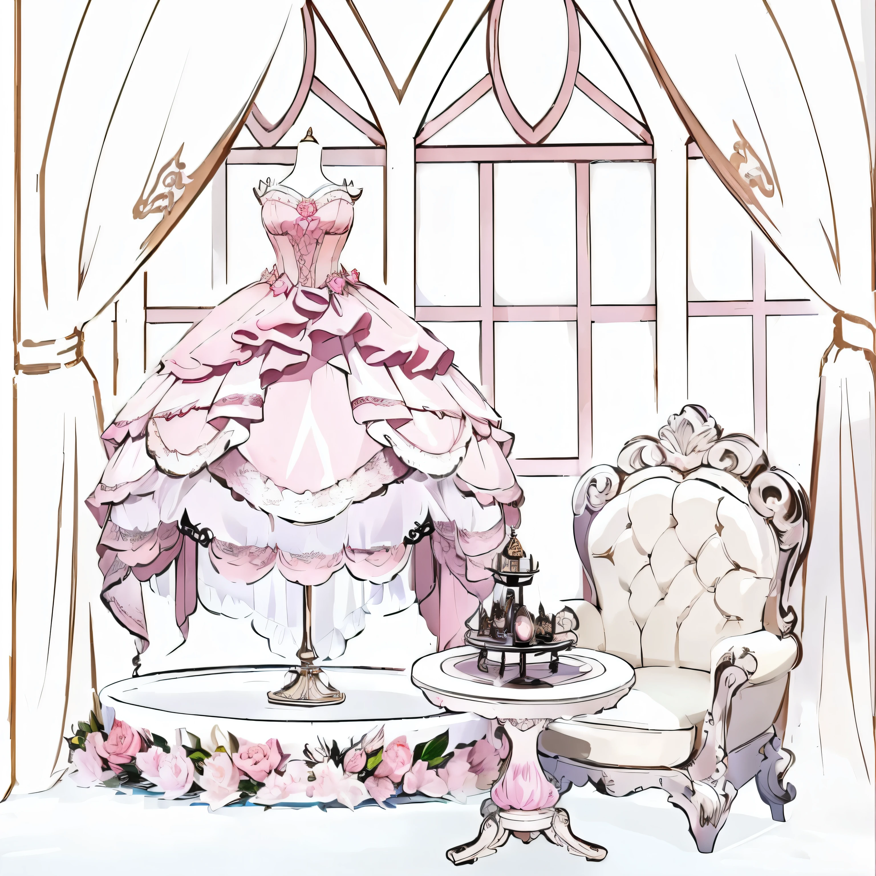 Pink dress anime style, Fairy tale style background, Magic style, Rococo, ballroom background, Lolich, Crystal House, Rococo dress, , Luluya Workshop, Interior Background Art, Official illustrations, More refined, more detailed, many cute details, only the clothes are displayed, the colors are gorgeous