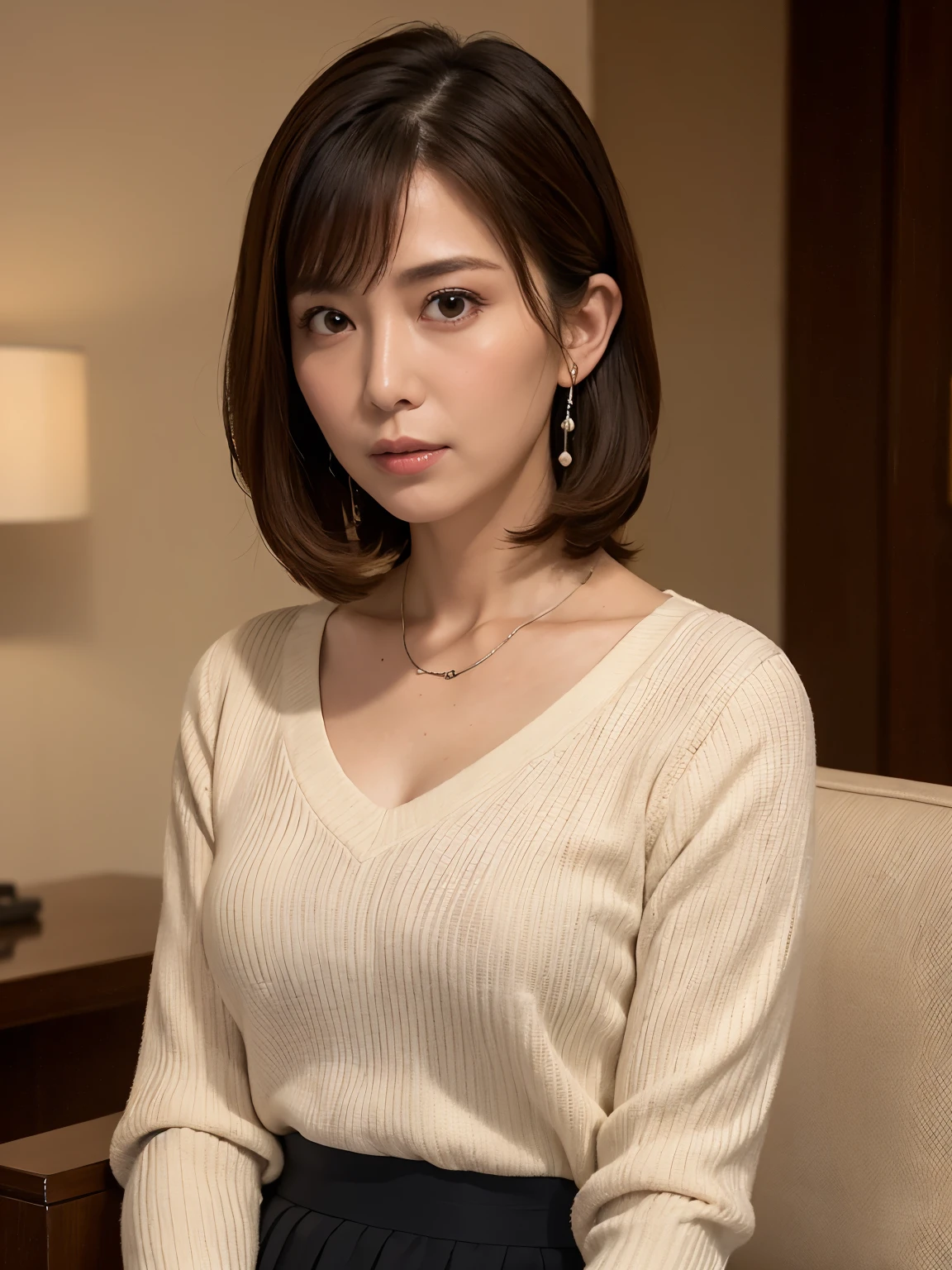 highest quality, masterpiece, High resolution, Photorealistic, RAW Photos, 8k wallpaper, perfection, Professional Lighting, Very detailed, Depth of written boundary, Look forward, Hotel Lounge, One beautiful woman, 40 years old, sexy, Detailed face, Beautiful Eyes, bangs, Shapely large breasts, short hair, Straight hair, Faint lips, View your viewers, Serious face eyes, Lightweight V-neck sweater, skirt, Cowboy Shot