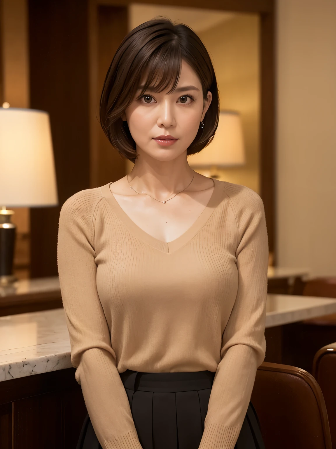 highest quality, masterpiece, High resolution, Photorealistic, RAW Photos, 8k wallpaper, perfection, Professional Lighting, Very detailed, Depth of written boundary, Look forward, Hotel Lounge, One beautiful woman, 40 years old, sexy, Detailed face, Beautiful Eyes, bangs, Shapely large breasts, short hair, Straight hair, Faint lips, View your viewers, Serious face eyes, Lightweight V-neck sweater, skirt, Cowboy Shot