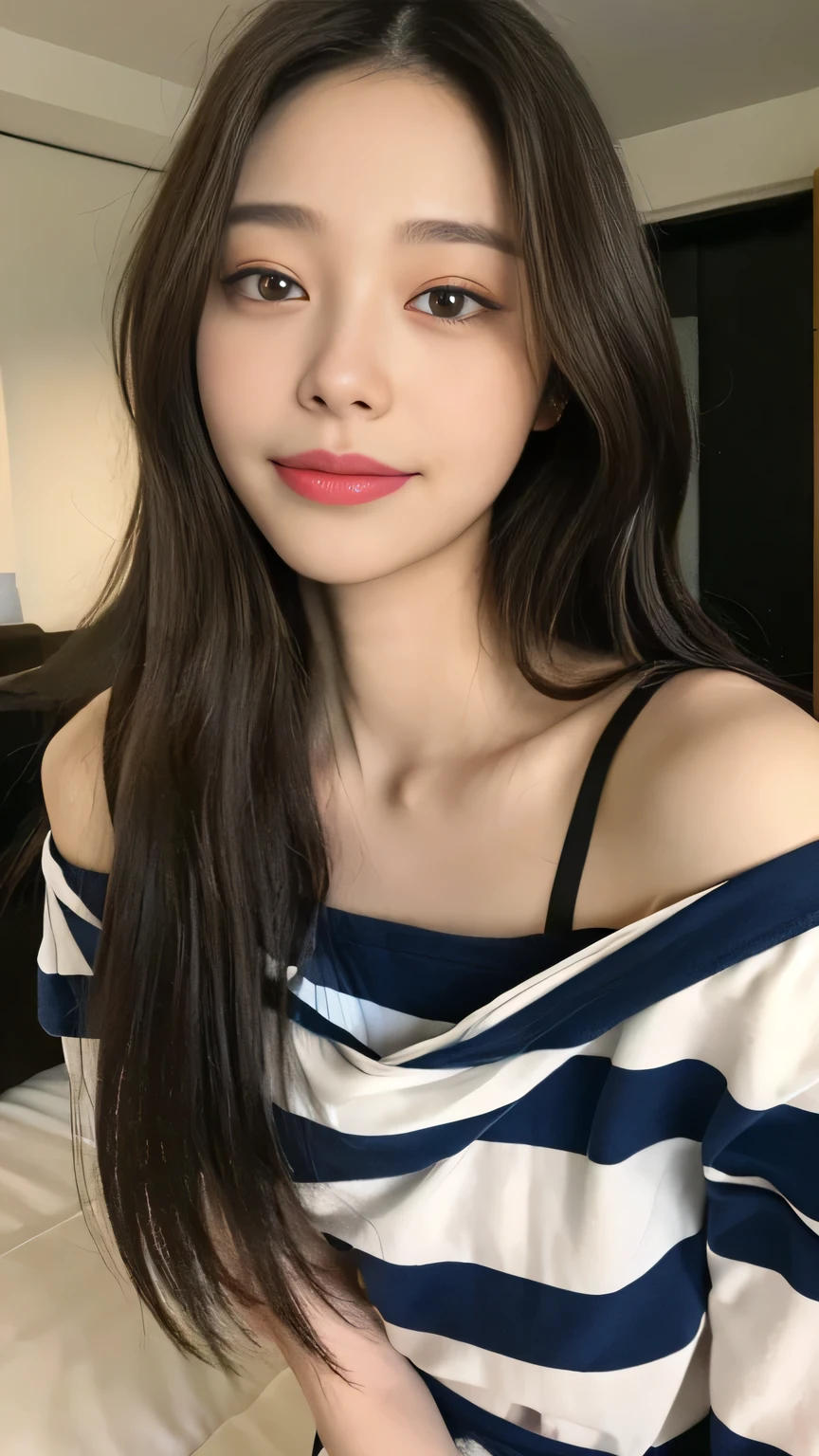 Full body angle、((highest quality, 8K, masterpiece:1.3)), concentrated:1.2, Perfect body beauty:1.4, :1.2, ((Delicate Hair)), (Colorful striped off-shoulder t-shirt、 :1.1) , ((highest quality、8K、masterpiece:1.3))、1 Girl、A sloppy smile、Esbian all over、Slim face、Big 、Beautiful woman、(Dark Brown Hair)、Long Hair、1.1、Flickering Valley、Detailed eyes、double eyelid、Blurred Background、超Slim face、Looking down、