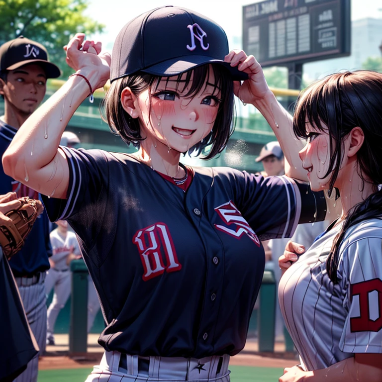 NSFW、最高masterpiece、(High resolution), (8k), (Very detailed), (Best Shape), (Beautiful and detailed), (highest quality), (Very detailed), (masterpiece), (wallpaper), (Detailed face),beautiful girl、Black short hair、(((Baseball Girl)))、Midsummer、court、(Large crowd)、((Baseball uniform))、whole body、Baseball hats、Big Breasts、((((Sweat))))、((((Body odor))))、((((Sweat染み))))、(((Love juice)))、((smile))、(((((Masturbation)))))